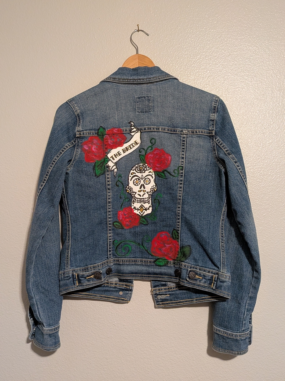 Women's Custom Hand Painted Sugar Skull Denim Jacket Small